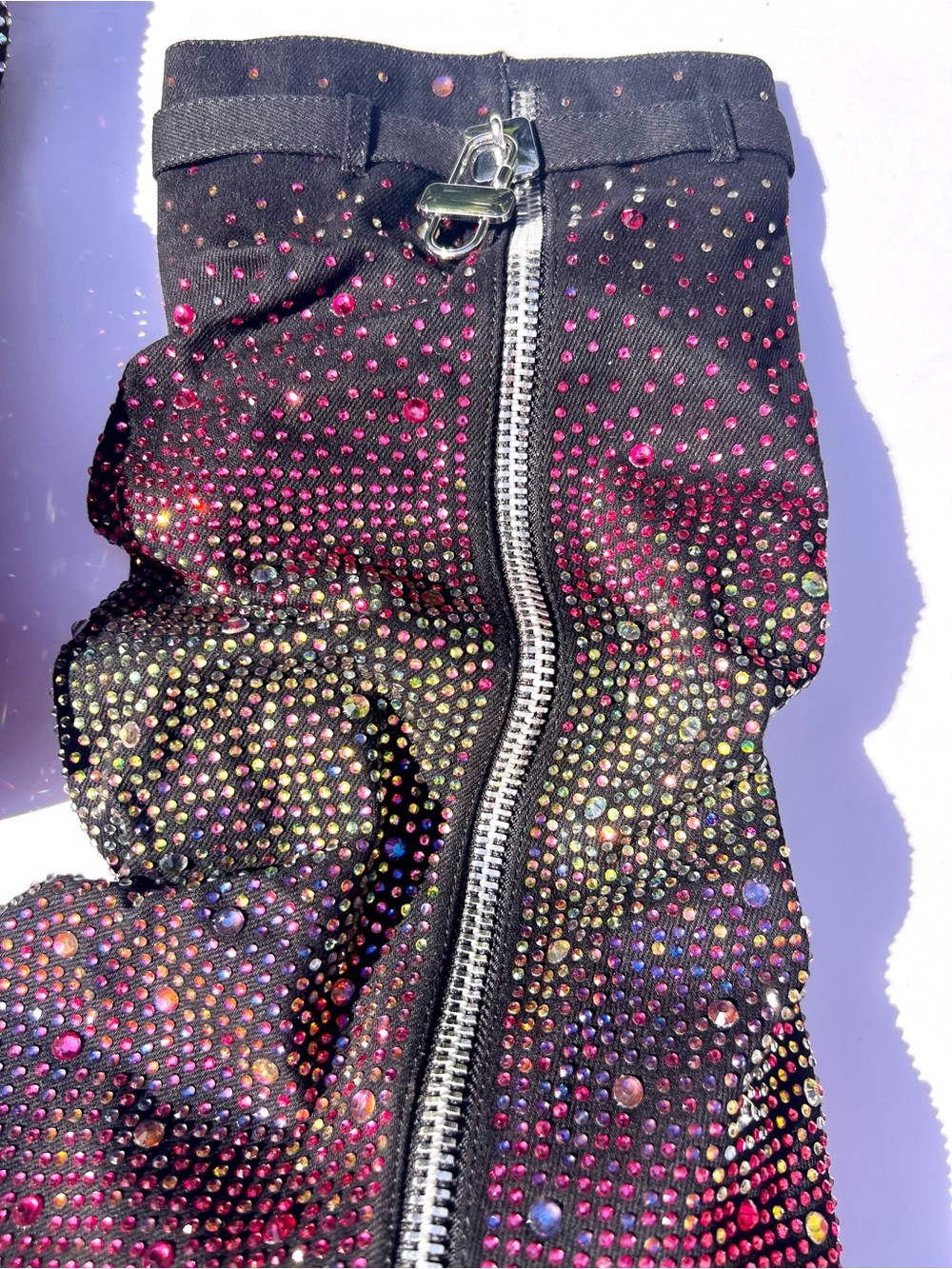 Rainbow Rave Boots Black Denim w/ Zipper. 5” Platform Wedge Ombre Rhinestones - Picture 14 of 17